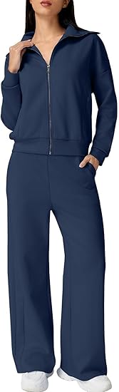 QINSEN Women's Cotton 2 Piece Outfits Lapel Long Sleeve Zip Up Sweatshirt Wide Leg Pants Matching Tracksuit Sets