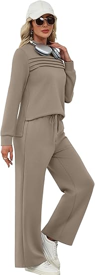 WIHOLL Two Piece Sets for Women Spring Travel Vacation Outfits 2026 Long Sleeve Lounge Sets Side Slit Wide Leg Pants S-3XL