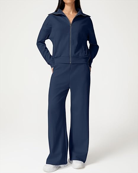 QINSEN Women's Cotton 2 Piece Outfits Lapel Long Sleeve Zip Up Sweatshirt Wide Leg Pants Matching Tracksuit Sets