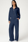 QINSEN Women's Cotton 2 Piece Outfits Lapel Long Sleeve Zip Up Sweatshirt Wide Leg Pants Matching Tracksuit Sets