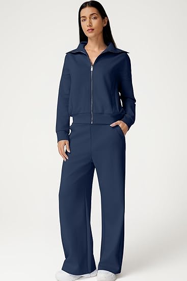 QINSEN Women's Cotton 2 Piece Outfits Lapel Long Sleeve Zip Up Sweatshirt Wide Leg Pants Matching Tracksuit Sets