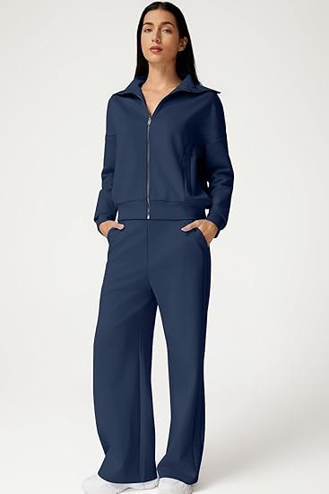 QINSEN Women's Cotton 2 Piece Outfits Lapel Long Sleeve Zip Up Sweatshirt Wide Leg Pants Matching Tracksuit Sets