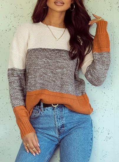 Dokotoo Womens Color Block Sweaters Long Sleeve Crewneck Pullover Knit Jumper Tops