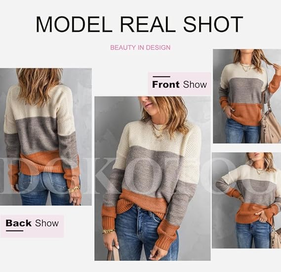 Dokotoo Womens Color Block Sweaters Long Sleeve Crewneck Pullover Knit Jumper Tops