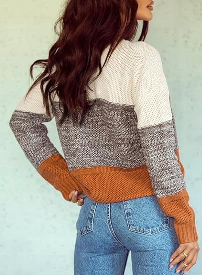 Dokotoo Womens Color Block Sweaters Long Sleeve Crewneck Pullover Knit Jumper Tops