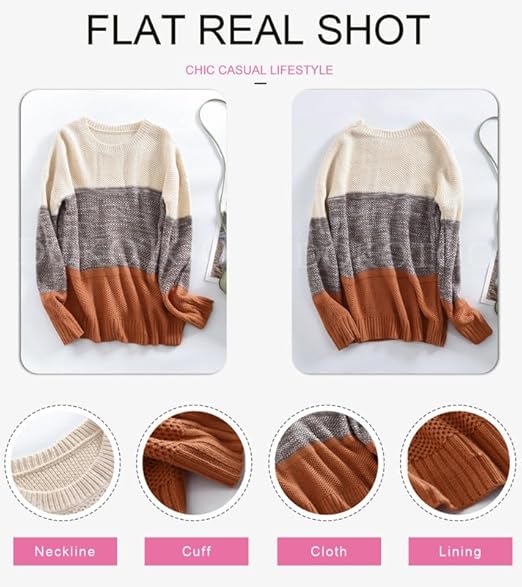 Dokotoo Womens Color Block Sweaters Long Sleeve Crewneck Pullover Knit Jumper Tops