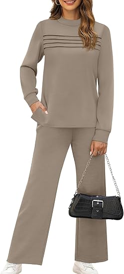 WIHOLL Two Piece Sets for Women Spring Travel Vacation Outfits 2026 Long Sleeve Lounge Sets Side Slit Wide Leg Pants S-3XL