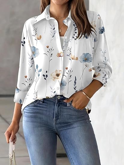 Zeagoo Womens Button Down Shirt Long Sleeve Blouse Business Work Tops Dressy Casual Floral Printed Outfits with Pocket
