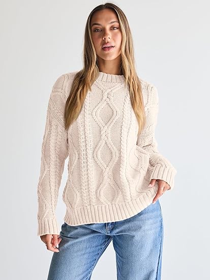 Trendy Queen Women's Oversized Cable Knit Crewneck Sweaters