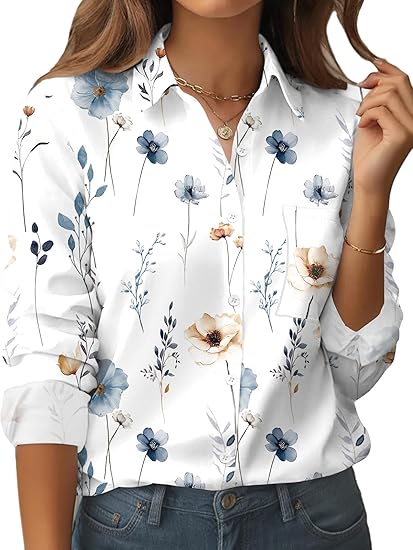 Zeagoo Womens Button Down Shirt Long Sleeve Blouse Business Work Tops Dressy Casual Floral Printed Outfits with Pocket