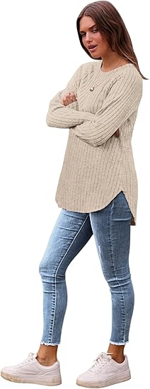 Saloogoe Long Sleeve Shirts for Women 2025 Fall Clothes Tunic Tops Loose Fit Dressy Crewneck Pullover Sweaters Curved Hem