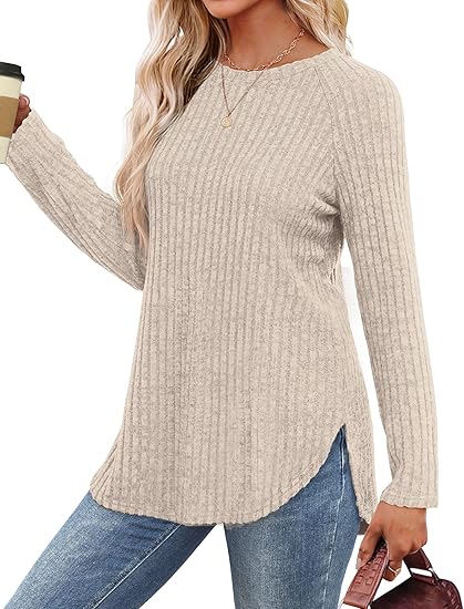 Saloogoe Long Sleeve Shirts for Women 2025 Fall Clothes Tunic Tops Loose Fit Dressy Crewneck Pullover Sweaters Curved Hem