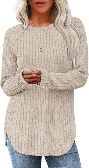 Saloogoe Long Sleeve Shirts for Women 2025 Fall Clothes Tunic Tops Loose Fit Dressy Crewneck Pullover Sweaters Curved Hem