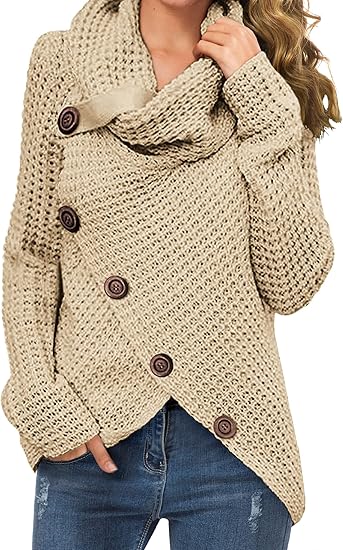 GRECERELLE Women's Fall Chunky Turtleneck Long Sleeve Asymmetric Hem Loose Knit Pullover Sweaters Tops