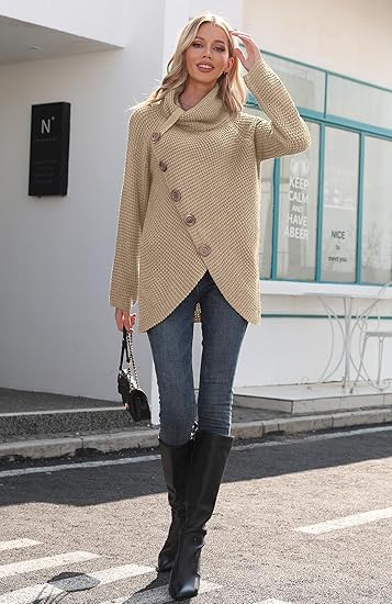 GRECERELLE Women's Fall Chunky Turtleneck Long Sleeve Asymmetric Hem Loose Knit Pullover Sweaters Tops