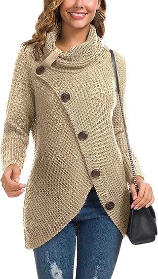 GRECERELLE Women's Fall Chunky Turtleneck Long Sleeve Asymmetric Hem Loose Knit Pullover Sweaters Tops