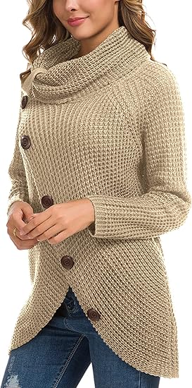 GRECERELLE Women's Fall Chunky Turtleneck Long Sleeve Asymmetric Hem Loose Knit Pullover Sweaters Tops