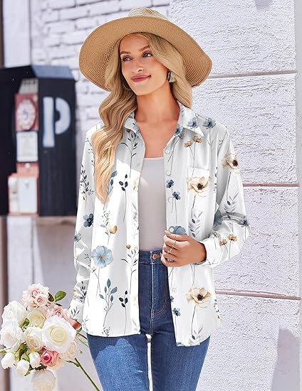 Zeagoo Womens Button Down Shirt Long Sleeve Blouse Business Work Tops Dressy Casual Floral Printed Outfits with Pocket